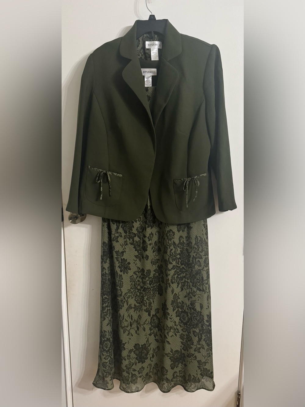 Studio I Olive Green Floral Jacquard Dress with Coordinating Blazer